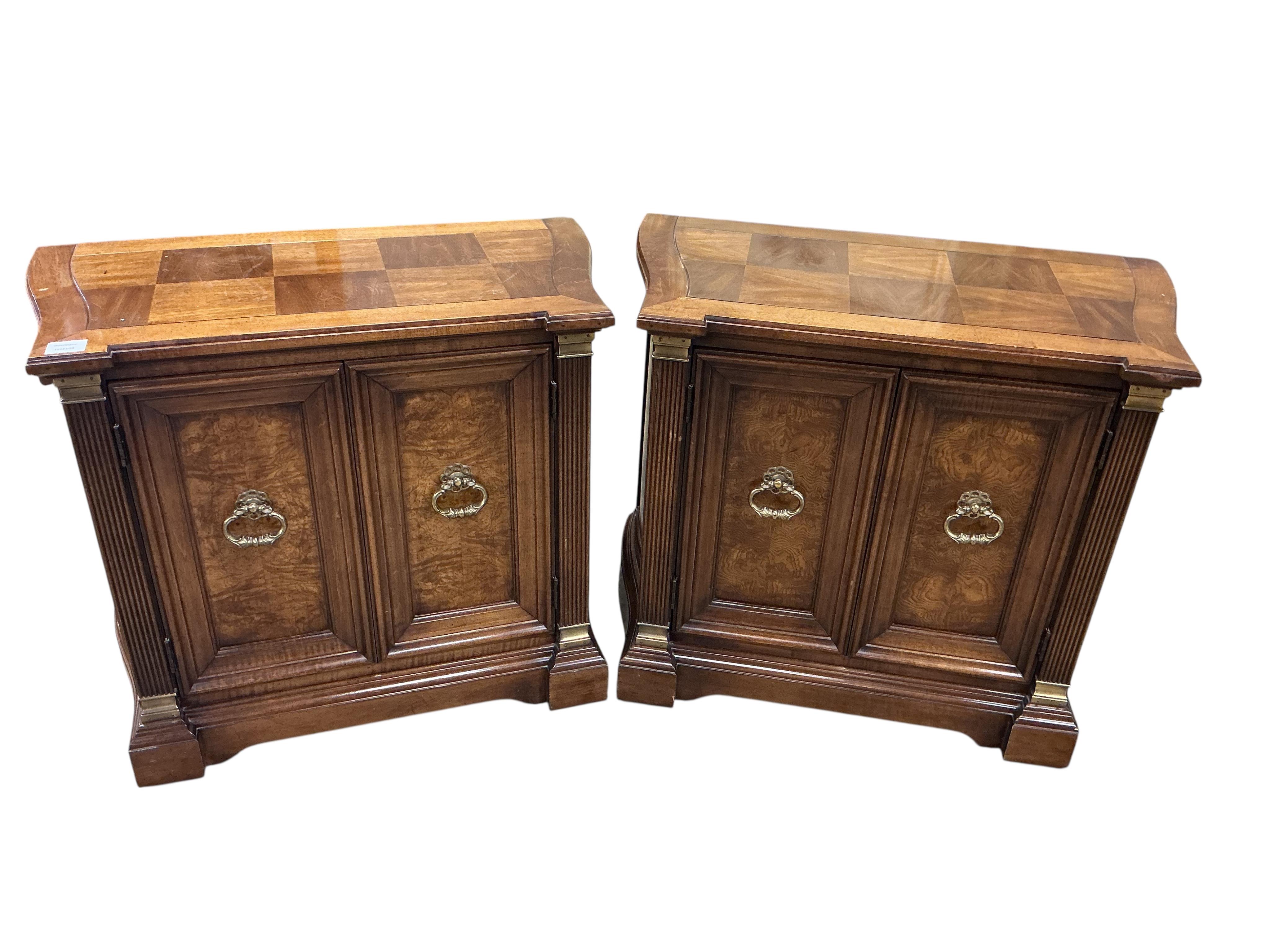 A pair of American reproduction cedar and burr wood brass mounted bedside cabinets, width 86cm, depth 40cm, height 64cm